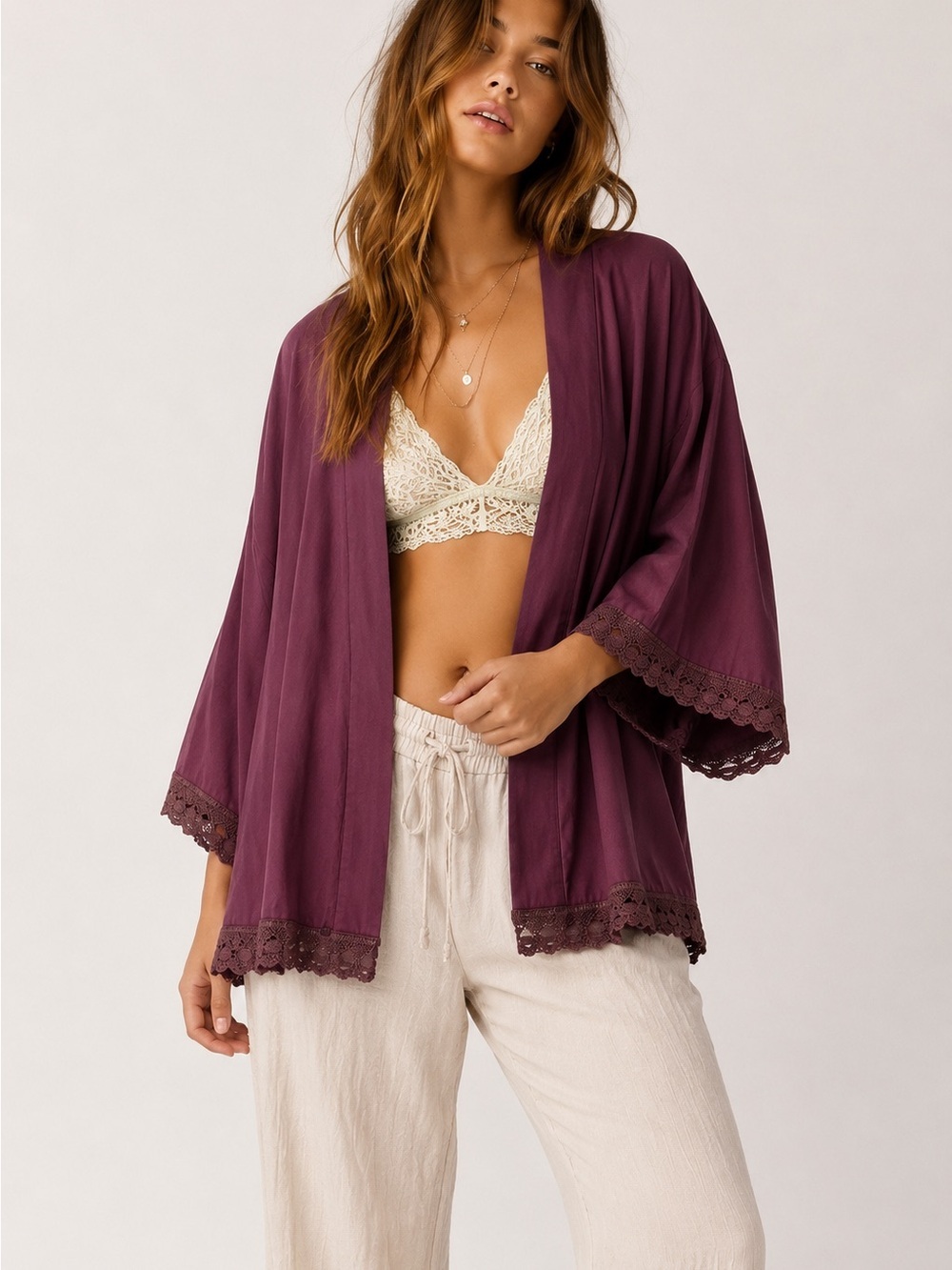 Free People Kimono Robe with Laced-Trim